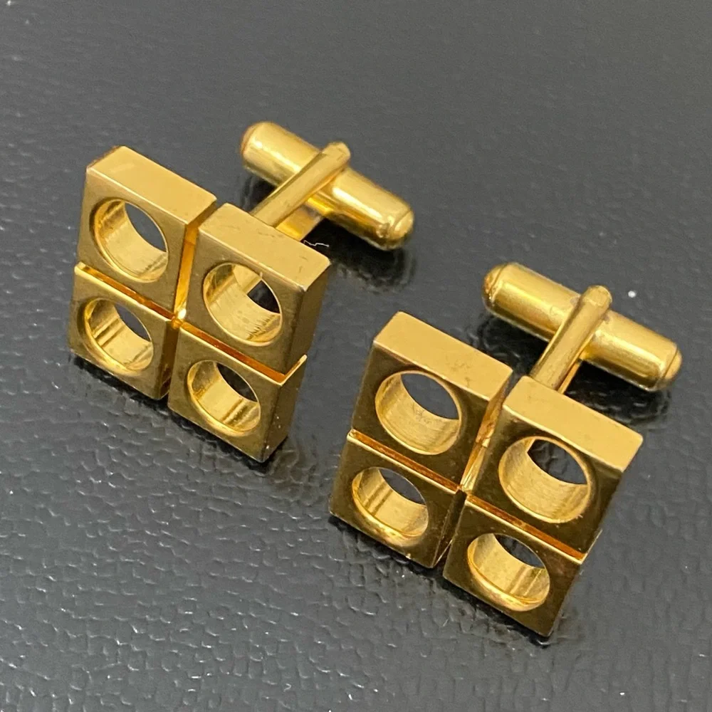 Vintage Unsigned Modernist Gold-tone Square with Holes Cufflinks